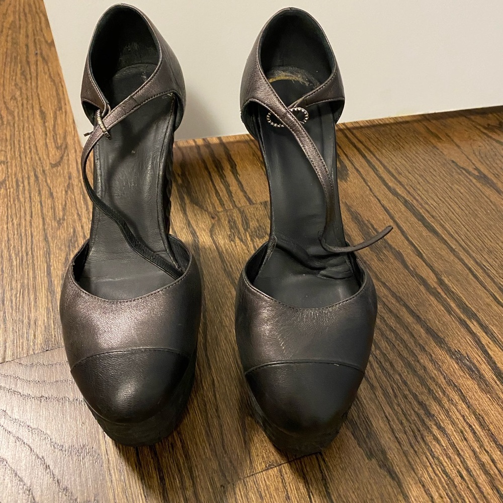 Chanel chunky heel metallic silver/gunmetal